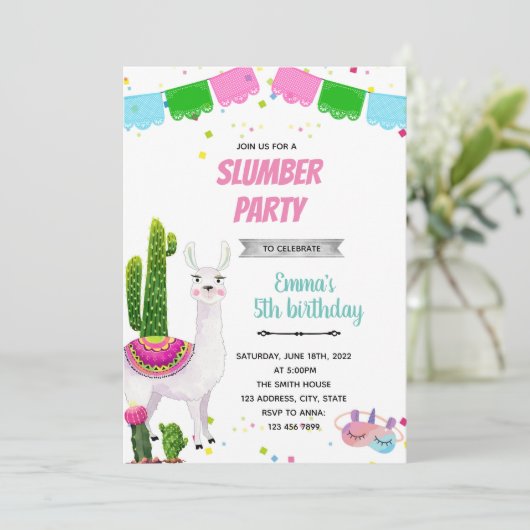 Llama slumber party thema party nodigde kaart (Staand voorkant)