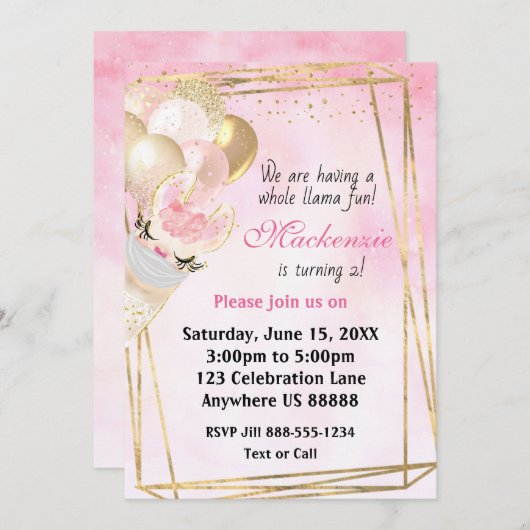 Llama Tout âge Anniversaire Invitation (Devant / Derrière)