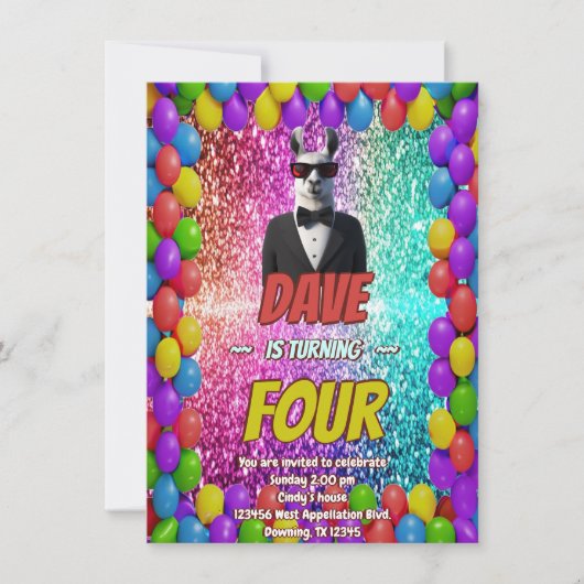 Llama Tuxedo Cool fête d'anniversaire invitation (Devant)