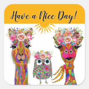 Llama, uil en Giraffe Dier Vierkante Sticker