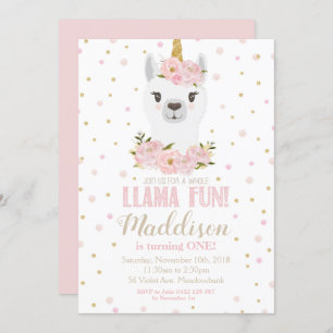 Llama Unicorn Anniversaire Invitation Blush Floral