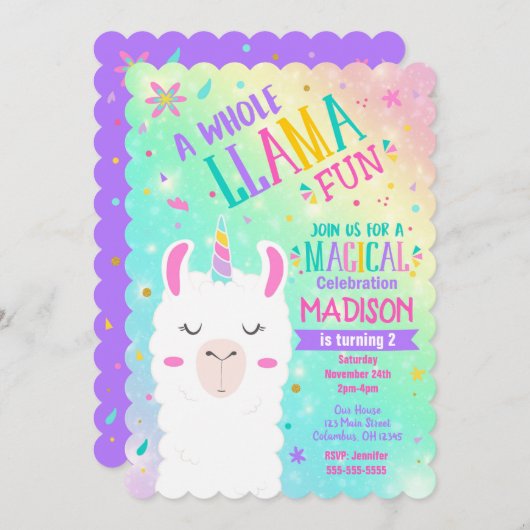 Llama Unicorn Anniversaire Invitation Magique (Devant / Derrière)