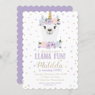 Llama Unicorn Birthday Invitation Paars Floral Kaart