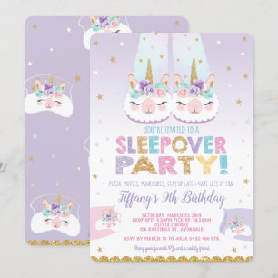 Llama Unicorn Sleepover Birthday Party Slumber Kaart
