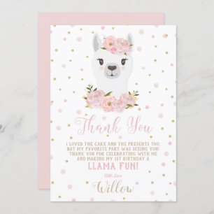Llama Verjaardag Dank u kaart Blush Floral Meisje