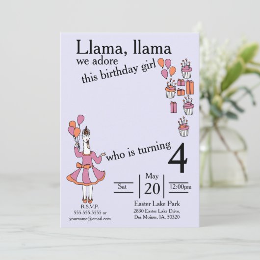 Llama Verjaardag Meisje lavendar en sinaasappel Kaart (Staand voorkant)