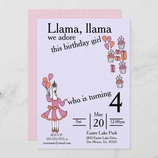 Llama Verjaardag Meisje lavendar en sinaasappel Kaart (Voorkant / Achterkant)