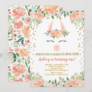 Llama verjaardagsfeestje, bloemengoud glitter meis kaart