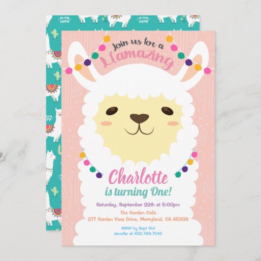 Llama-verjaardagsuitnodiging. Roze alpaca-uitnodig Kaart (Voorkant / Achterkant)