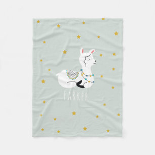 Llama Yellow Stars Blue Fleece Blanket Deken