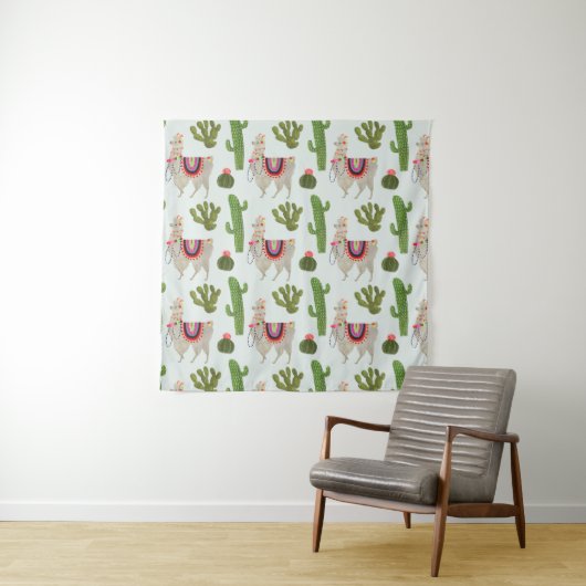 Llamarama Collectie | Cactus & Llama Pattern Wandkleed (In situ)