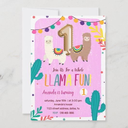 Llamas 1er anniversaire Invitation (Devant)