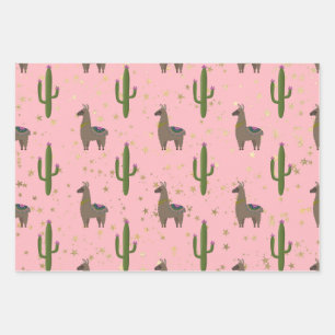 Llamas, Cactus en Stars op Roze Inpakpapier Vel