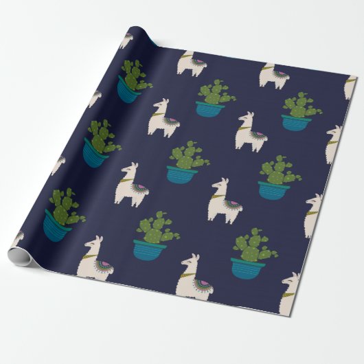 Llamas en Cactus op de marine Cadeaupapier (Uitgerold)