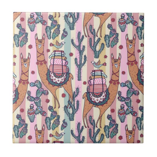 Llamas on Stripes Pattern Tegeltje (Voorkant)