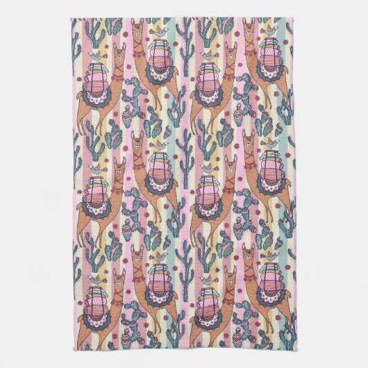 Llamas on Stripes Pattern Theedoek (Verticaal)
