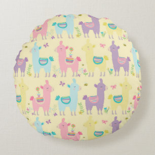 Llamas Pink Yellow Paars Cute Schattig Nursery Rond Kussen