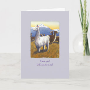 Llamas sur carte de la Saint-Valentin mauve clair
