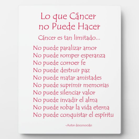 Lo que Cancer no Puede Hacer Poem Plaque (Devant)