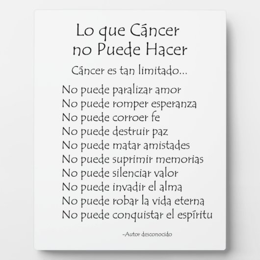 Lo que Cancer no Puede Hacer Poem Plaque Fotoplaat (Voorkant)