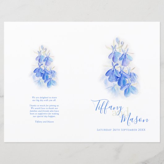 Lobelia bleu blanc vert art Programme de mariage (Devant)