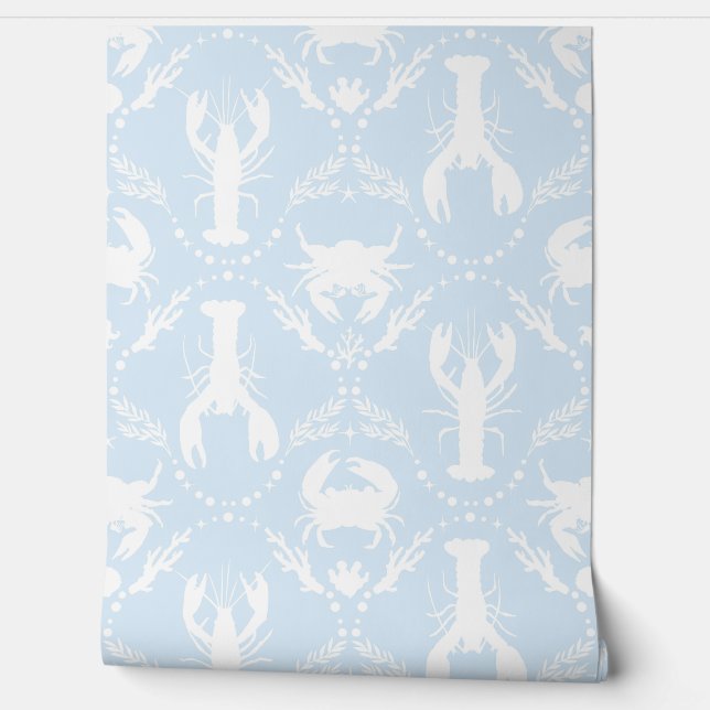 Lobster and Crab Pale Blue and White Behang (Afrollen)