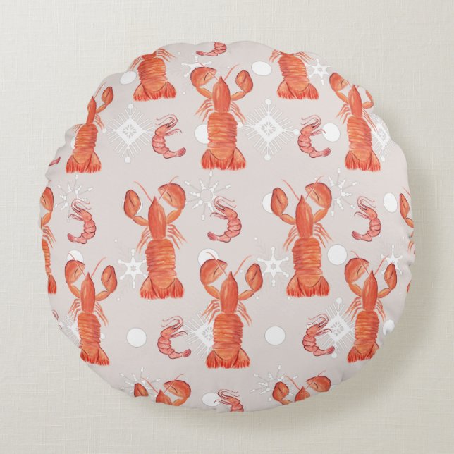Lobster Crustacean Waterverf Snowflake Pattern Rond Kussen (Voorkant)