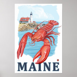 Lobster en Portland Lighthouse Scene Poster