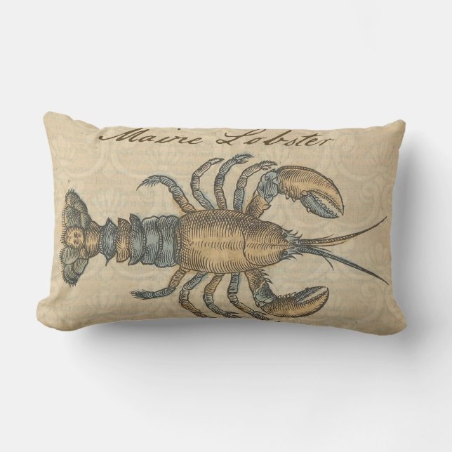 Lobster Illustration Antiek Maine Seafood Kussen (Voorkant)