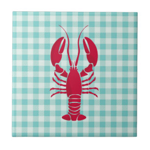 Lobster op Blue Gingham Tegeltje