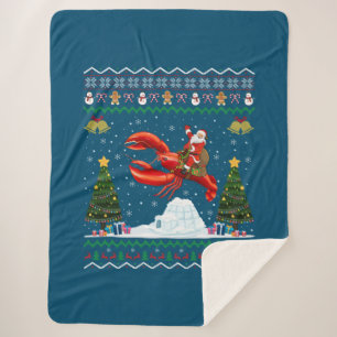 Lobster Ugly Xmas Gift Santa Riding Lobster Christ Sherpa Deken
