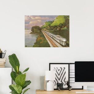  locomotief in het land, vakantie per trein poster