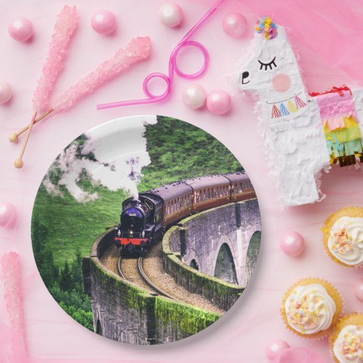 Locomotieftrein op brug papieren bordje (Feest)