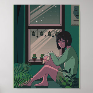 Lofi Anime Art Sad Girl vermist iemand Poster