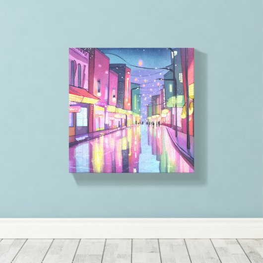 Lofi City Night Lights | kleurrijke Waterverf Canvas Afdruk (Insitu (Houten vloer))