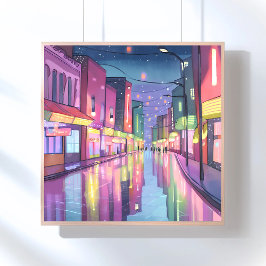 Lofi City Night Lights | kleurrijke Waterverf Poster