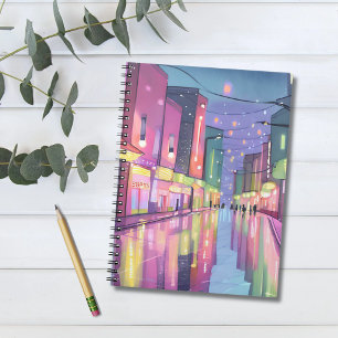 Lofi Stad Nachtverlichting   Kleurrijk Aquarel Notitieboek