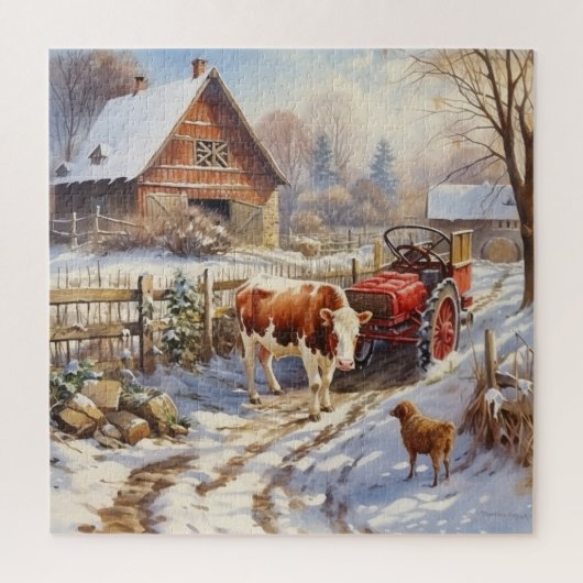  Log Barn Met Koe Schaap en Boerderij Tractor Legpuzzel (Verticaal)