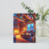Log Cabin en warme open haard op kerstavond Briefkaart (Staand voorkant)