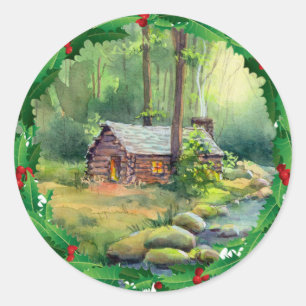 LOG CABIN HOLLY CHRISTMAS DOOR SHARON SHARPE RONDE STICKER