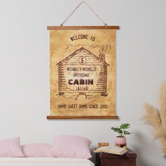 Log Cabin Rustic Wood Kijk uit | Persoonlijk welko Hangend Wandkleed (Slaapkamer)