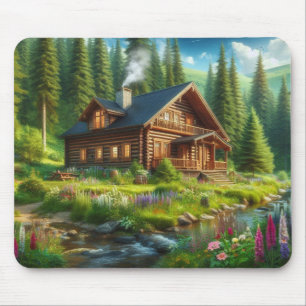 Log Cabin, Stream en Flowers in de Bossen Muismat