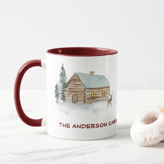Log Cabine Lake House Deer Woods Custom Text Mug (Avec donut)