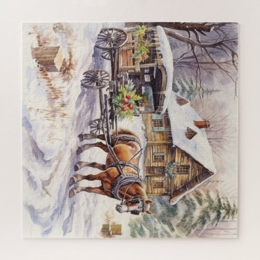  Log Home Met Paard en Overdekte Wagon Legpuzzel (Horizontaal)