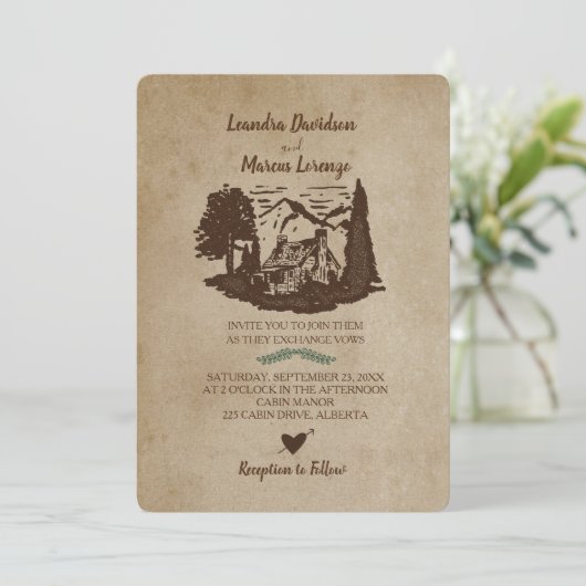 Log Monts Cabine Faire-part de mariage rustique (Debout devant)