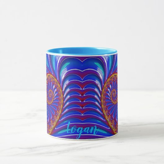 LOGAN ~ GLOSSY 3D Zany Blue Yellow Fractal ~ Mug (Centre)