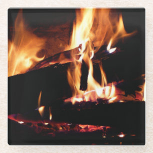 Logboeken in de vuurfoto van de Fireplace Glazen Onderzetter