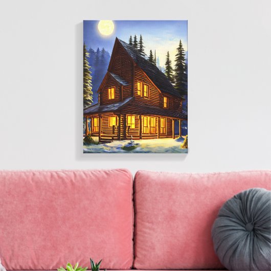 Logcabine in bossen sneeuwlandschapskunst canvas afdruk (Insitu (Woonkamer))