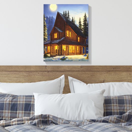 Logcabine in bossen sneeuwlandschapskunst canvas afdruk (Insitu (Slaapkamer))