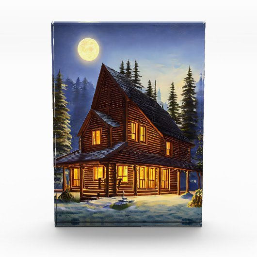 Logcabine in bossen sneeuwlandschapskunst fotoblokken (Voorkant)